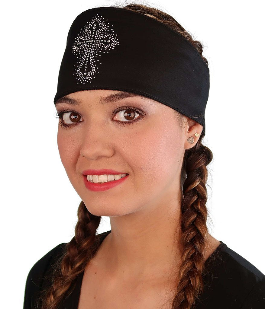 Embellished Chop Top Doo Wrap – Bold Biker Bandana with Exclusive Bling - Black with Glitter Cross Rhinestone