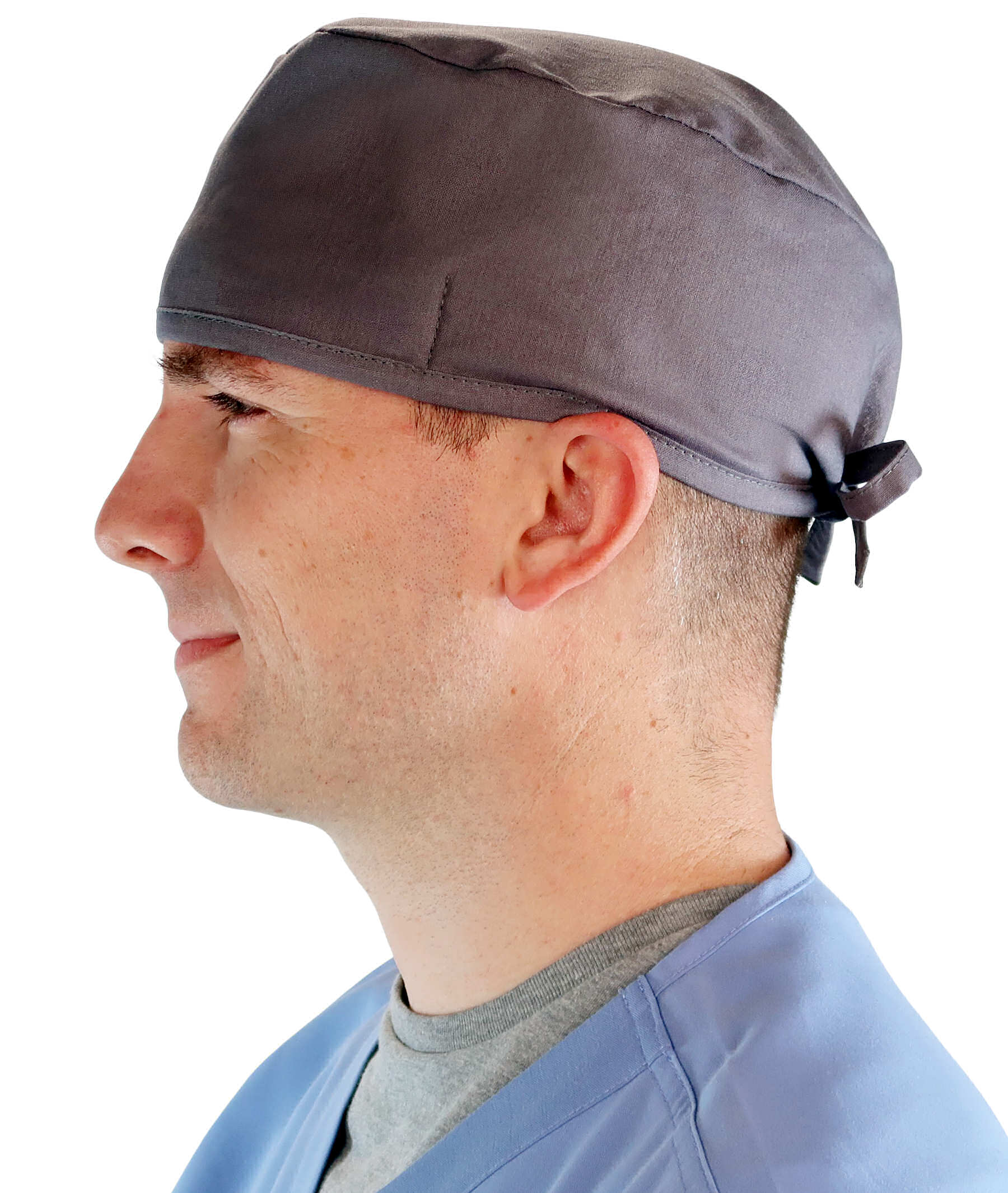 Side Facing View of a Man Wearing a Classic Cotton Surgical Scrub Cap - Solid Grey Scrub Cap