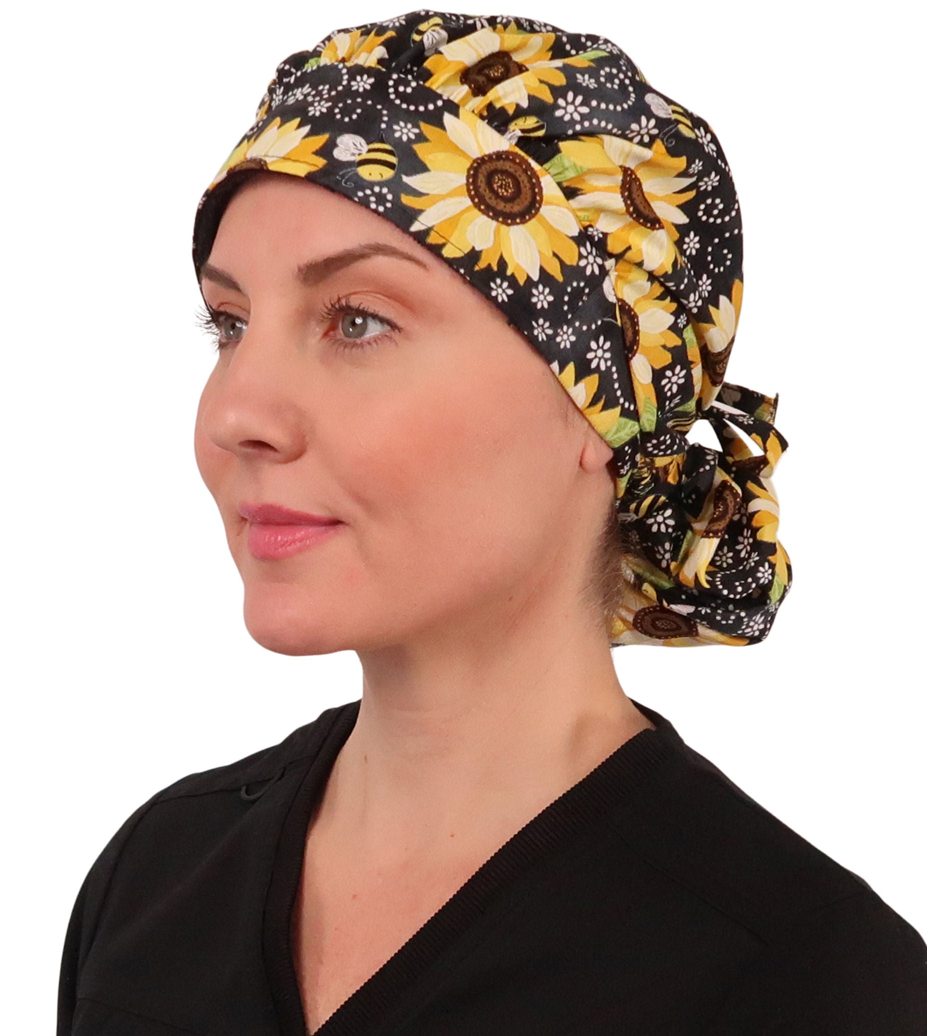 Front Facing Tied View of a Woman Wearing a Banded Bouffant Ponytail Surgical Scrub Cap - BEEutiful Sunflowers Patterned Fabric 