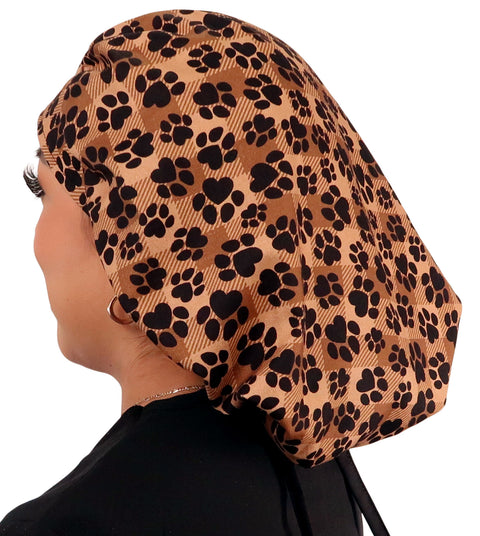 Banded Bouffant Surgical Scrub Cap - Plentiful Paws on Brown Plaid with Black Ties