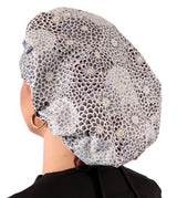 Banded Bouffant Ponytail Scrub Cap - Dazzling Dahlias Black & Grey with Black Ties
