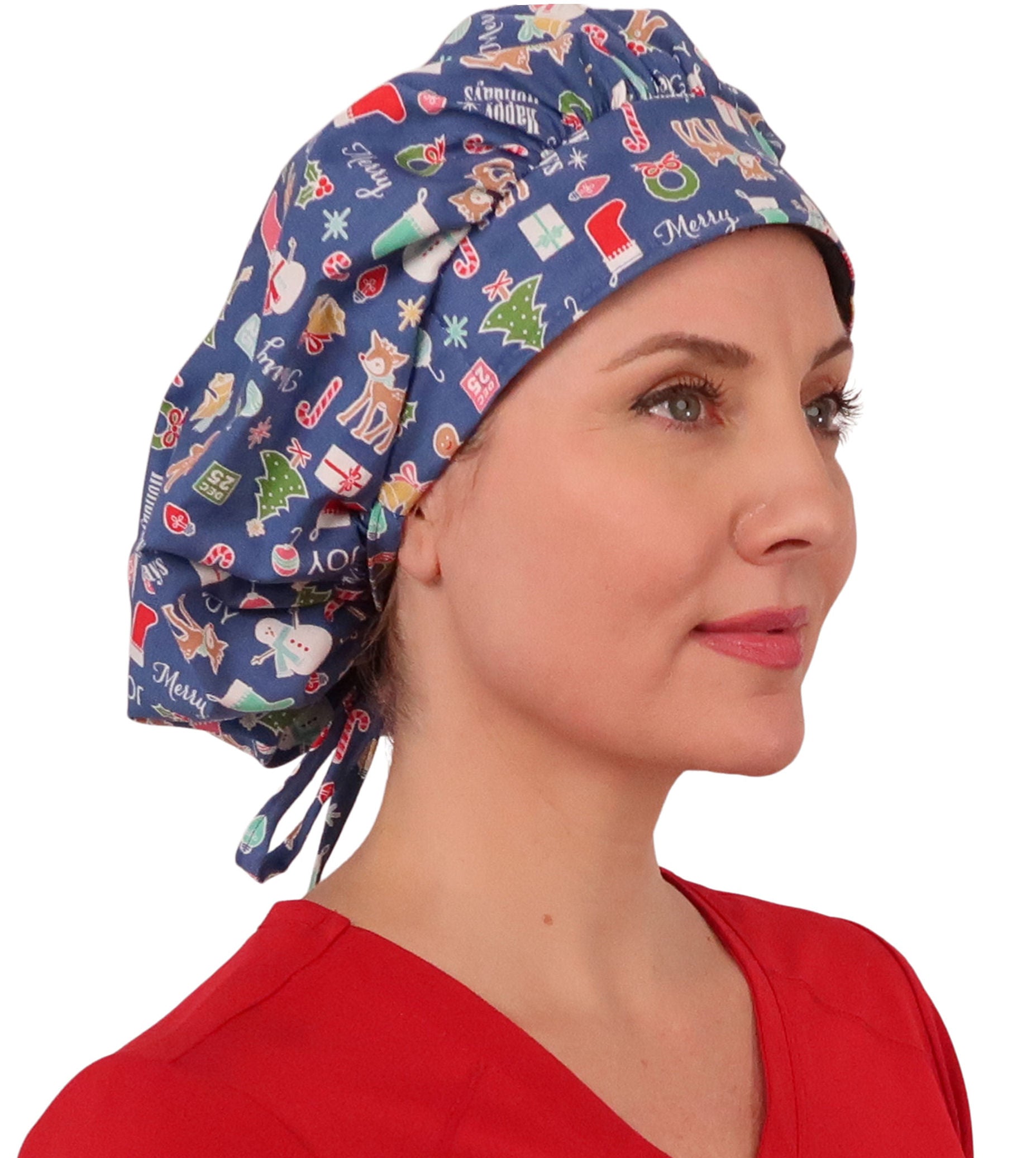 Stylish American Made Banded Bouffant Ponytail Scrub Cap - Holiday Cheer Banded Bouffant Surgical Scrub Caps