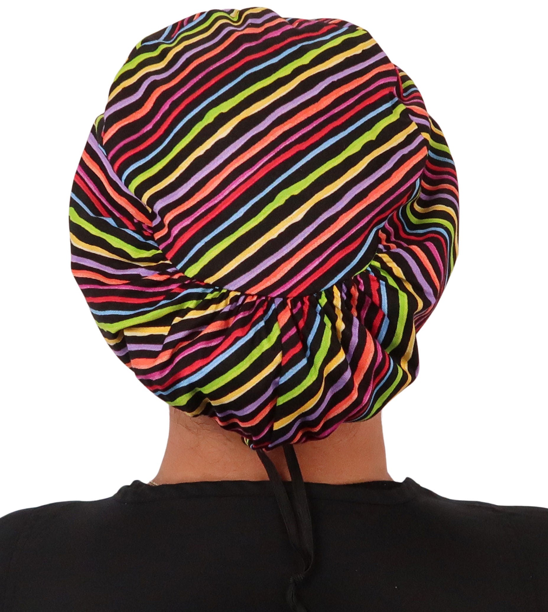 Back facing image of a woman in scrubs wearing a Styl'n Microcolored Stripes Euro Style Riley Comfort Scrub Cap.
