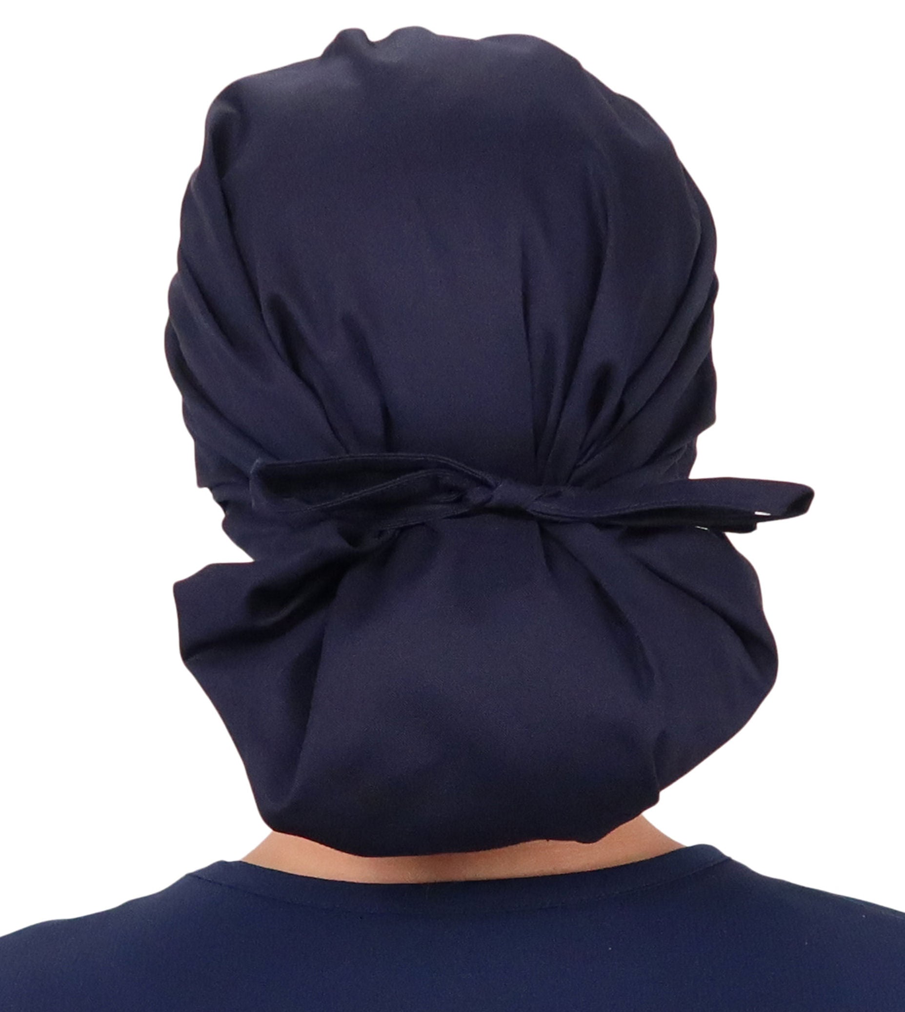 Back Facing Tied View of a Woman Wearing a Banded Bouffant Ponytail Surgical Scrub Cap - Superhero in Scrubs on Navy Fabric 