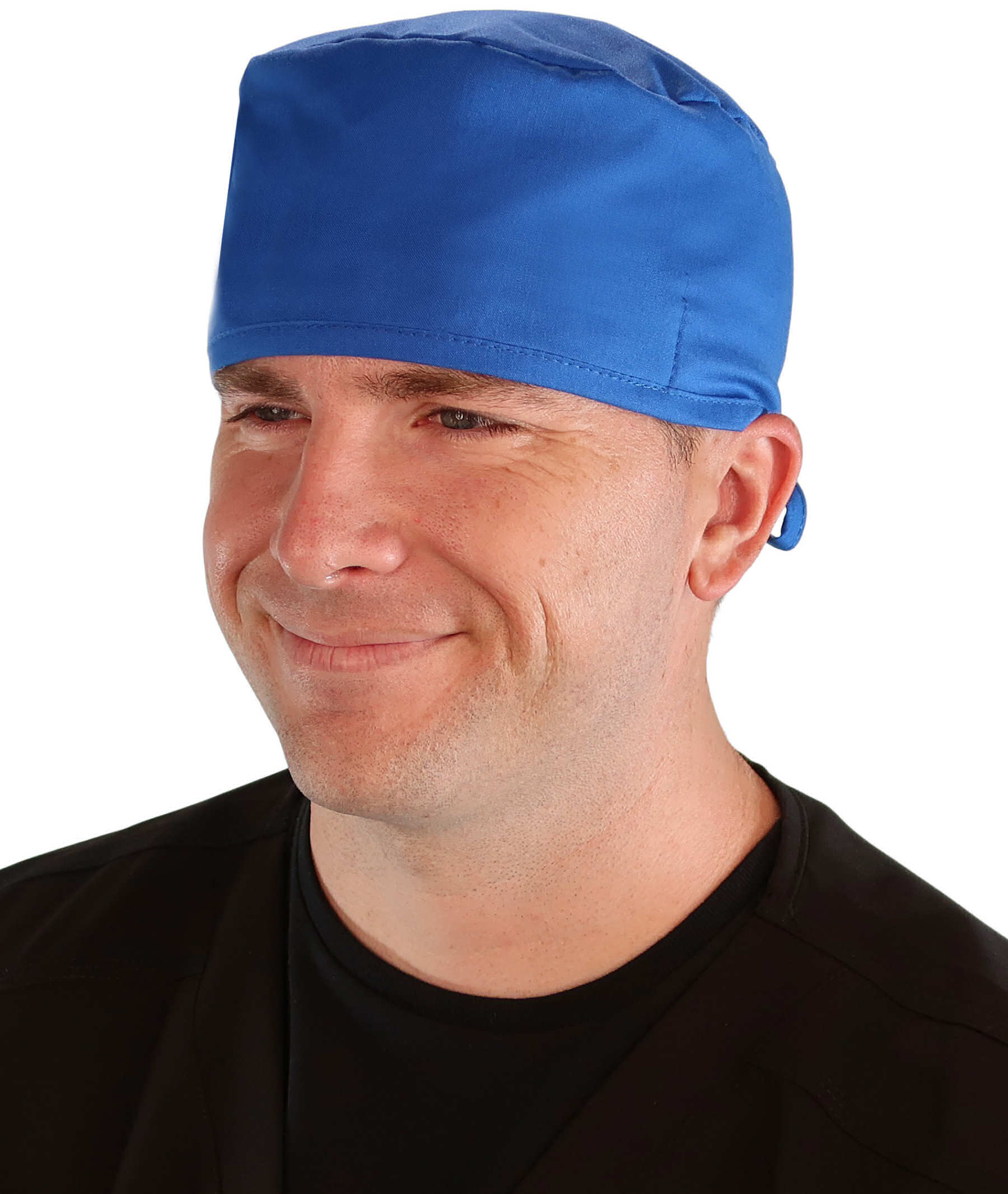 Front Facing View of a Man Wearing a Classic Cotton Surgical Scrub Cap - Royal Scrub Cap