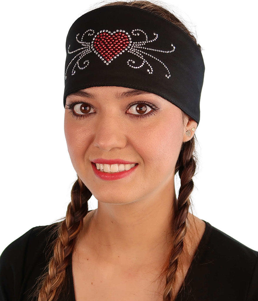 Embellished Chop Top Doo Wrap – Bold Biker Bandana with Exclusive Bling - Black Chop Top with Red Heart & Swirls