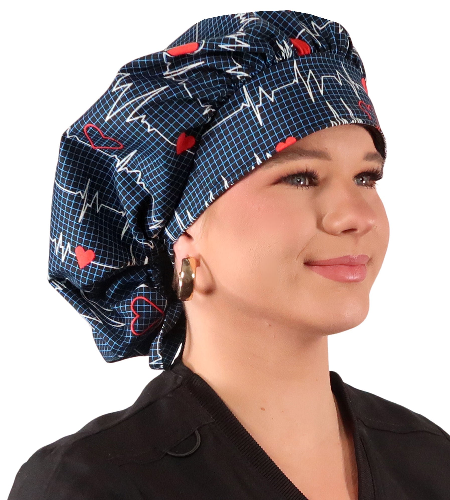 Front Facing Untied View of a Woman Wearing a Tied Back Banded Bouffant Ponytail Surgical Scrub Cap - Heartbeats on Navy Patterned Fabric