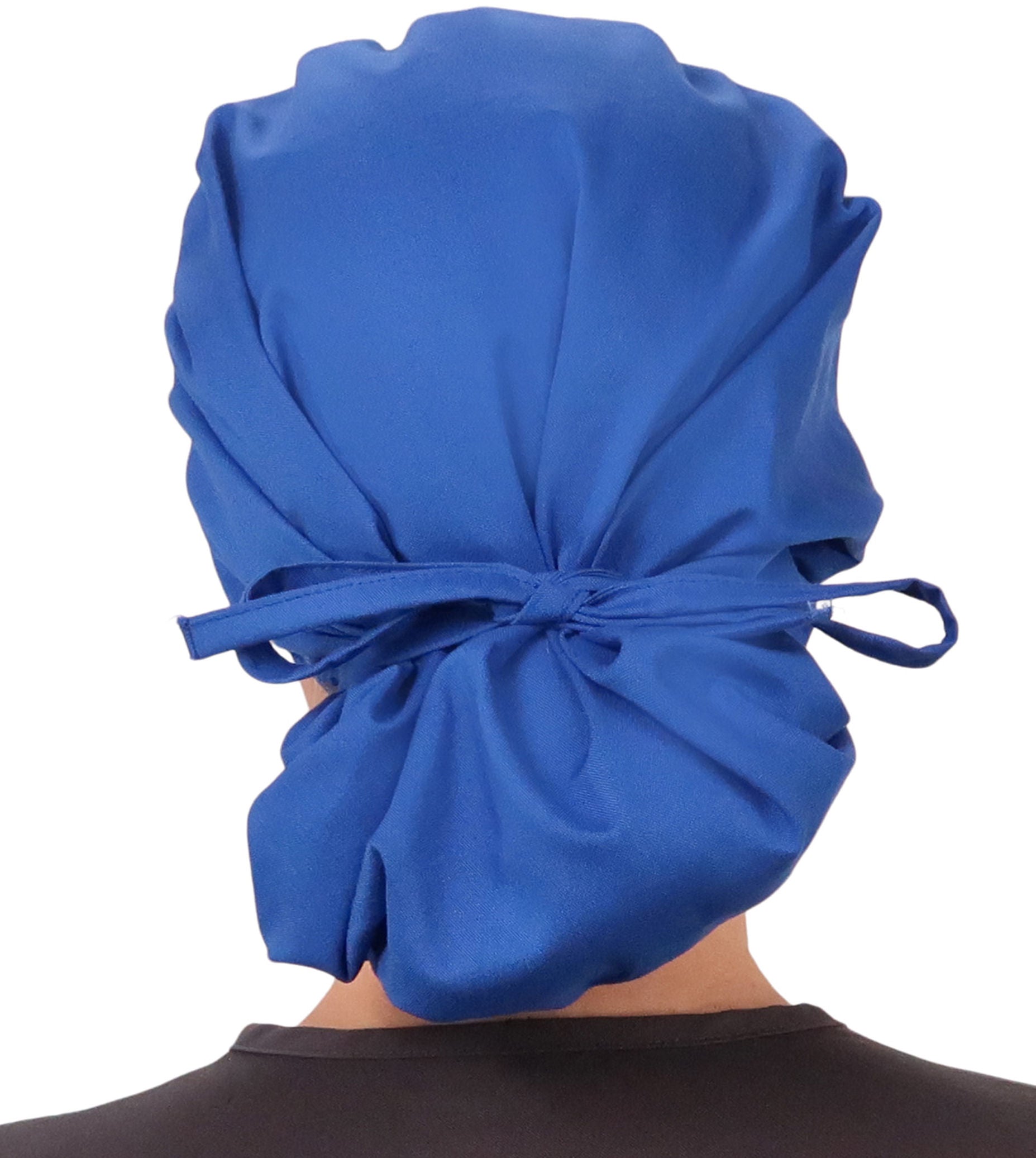 Back Facing Tied View of a Woman Wearing a Tied Back Banded Bouffant Ponytail Surgical Scrub Cap - Solid Royal Fabric