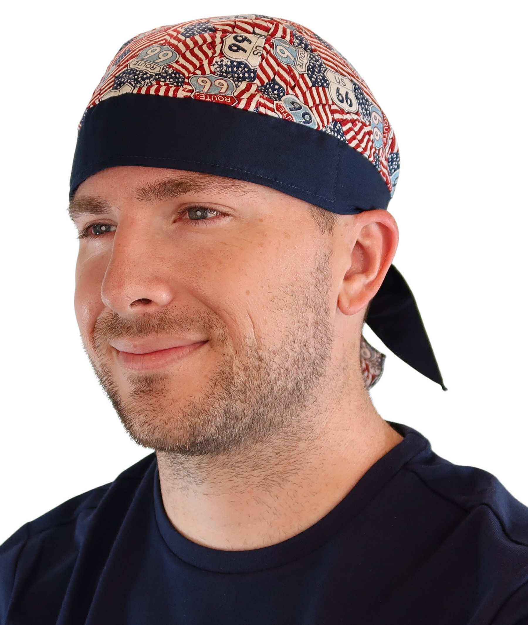 Breathable Cotton Skull Caps: Perfect for Any Activity  - Patriotic Route 66 Flags with Navy Band - Classic Skull Caps - Sparkling EARTH