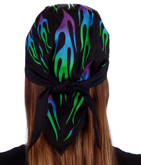 Breathable Cotton Skull Caps - Green and Blue Flames - Classic Skull Caps - Sparkling EARTH