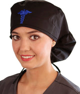 Embellished Big Hair Surgical Cap - Black Big Hair with Blue Caduceus Patch