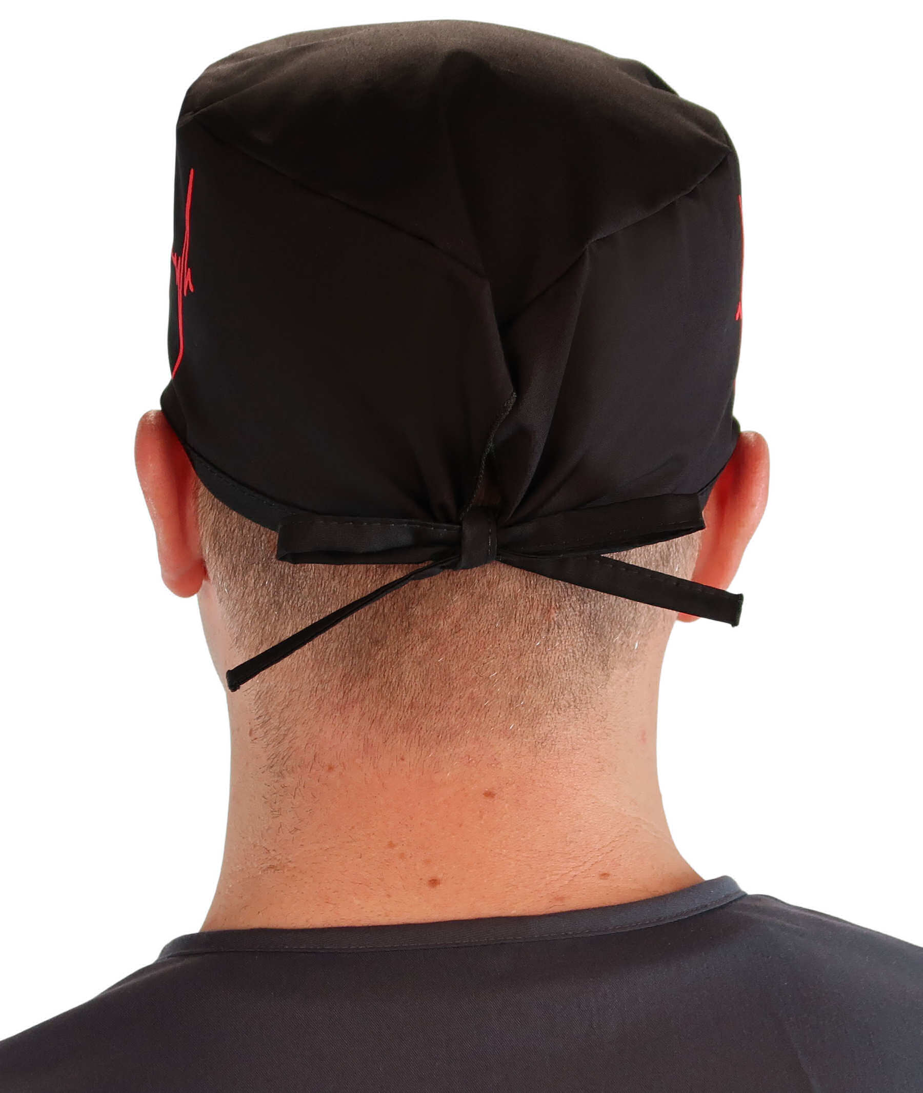 Back Facing View of a man Wearing a Classic Cotton Surgical Scrub Cap - Red EKG (Heartbeat) on Black Pattern.