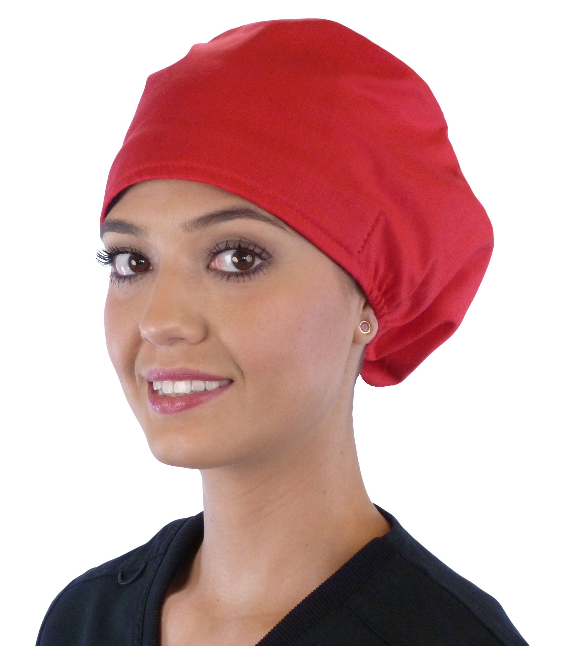 Front facing image of a woman in scrubs wearing a Red Euro Style Riley Comfort Scrub Cap.