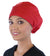 Front facing image of a woman in scrubs wearing a Red Euro Style Riley Comfort Scrub Cap.