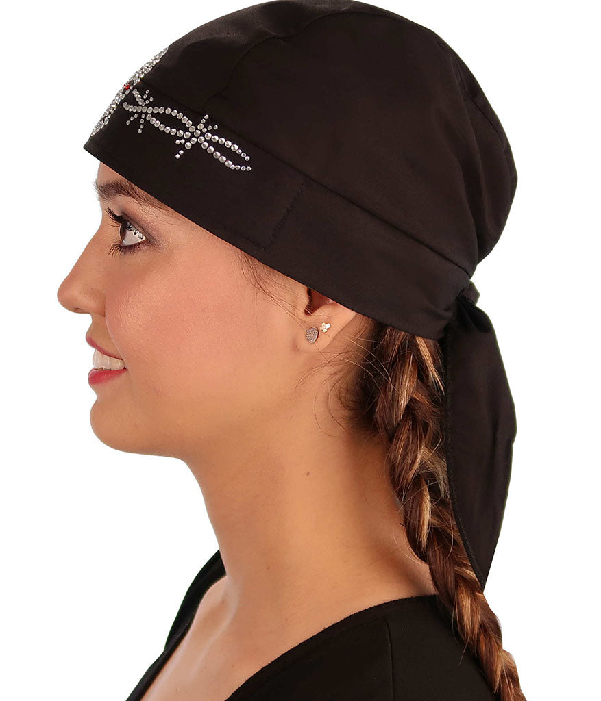 Embellished Skull Caps: Unique Headwear - Black Skull Cap with Skull & Barbed Wire Rhinestud/Stone Design Classic Skull