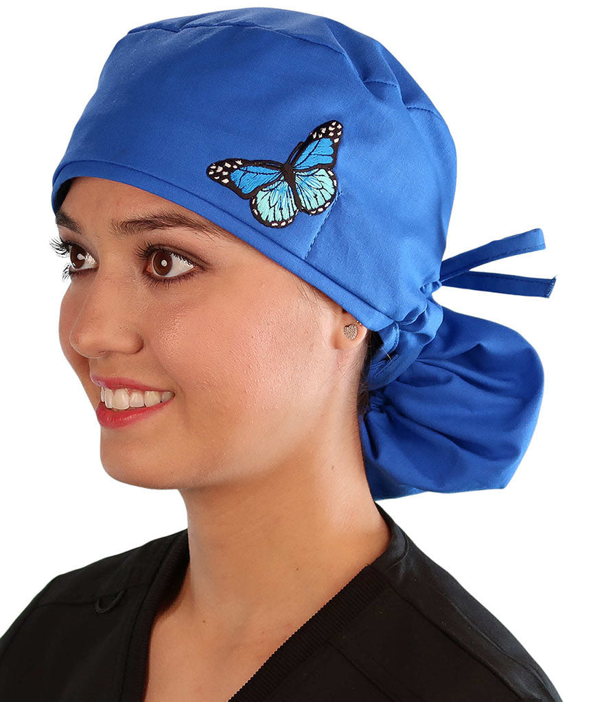 Embellished Big Hair Ponytail Scrub Cap for Long Hair - Made in USA - Royal Blue Big Hair with Blue Butterfly Patch - Big Hair Surgical Scrub Caps - Sparkling EARTH