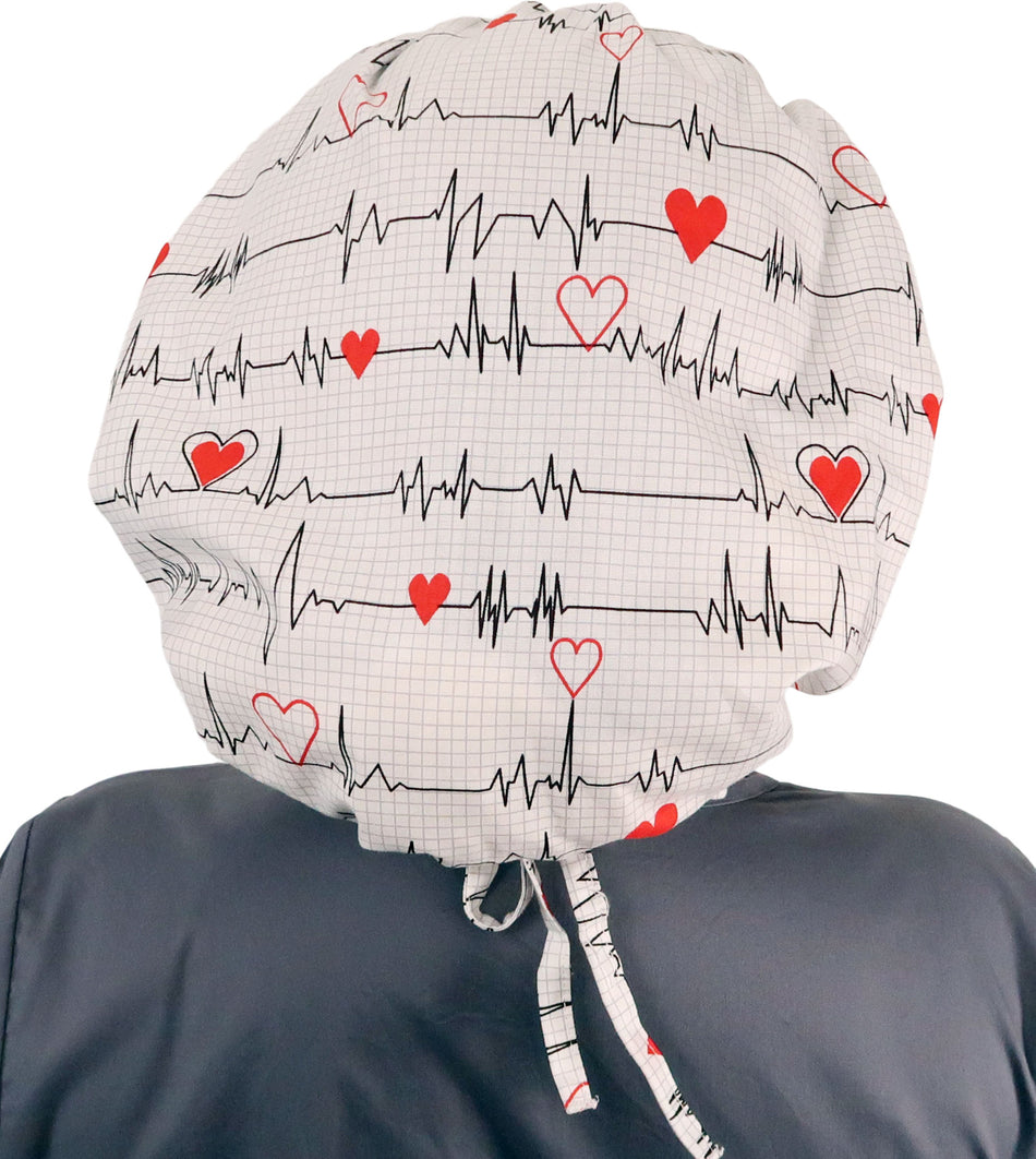 Banded Bouffant Surgical Scrub Cap - Heartbeats on White