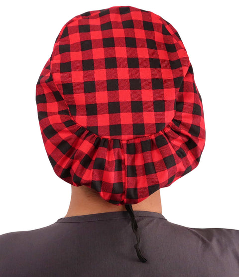 Euro Style Riley Comfort Scrub Cap - American Made - Black & Red Buffalo Check