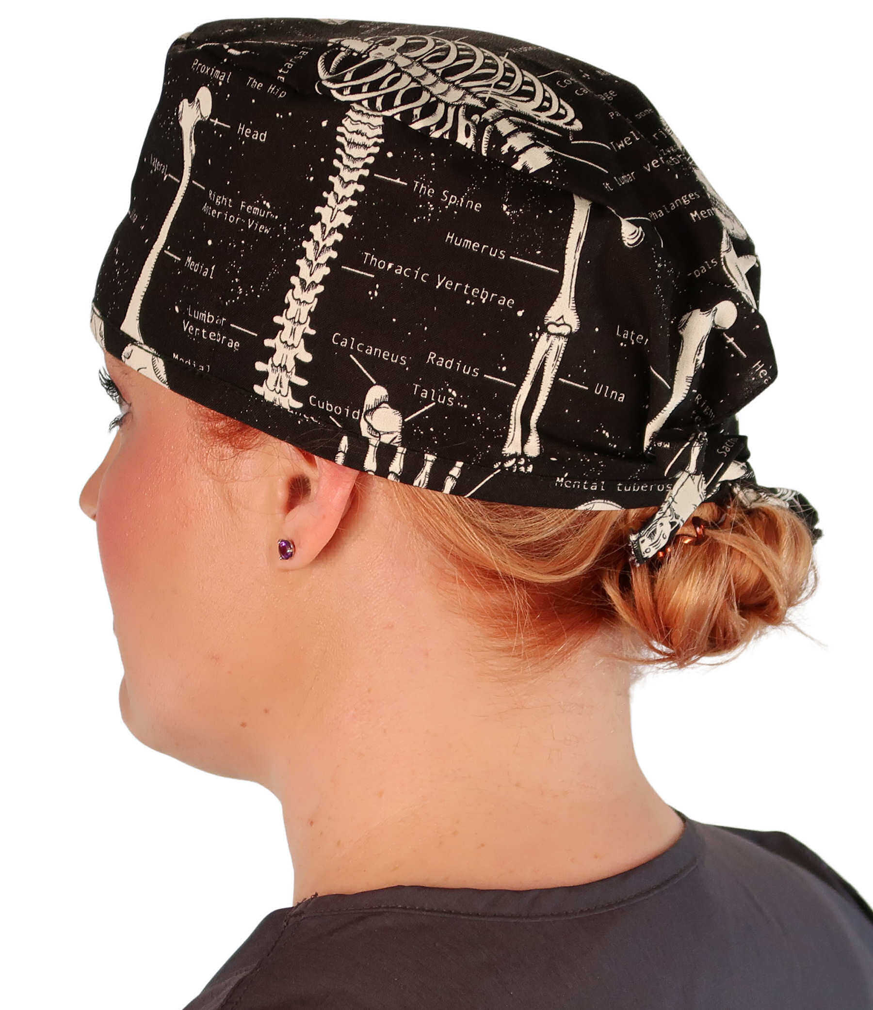 Side Facing View of a woman Wearing a Classic Cotton Surgical Scrub Cap - Human Body Skeleton (Glow In The Dark) Pattern.