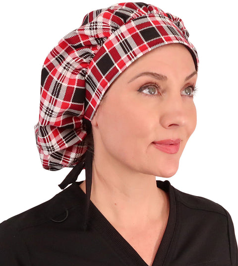 Banded Bouffant Surgical Scrub Cap - Sassy Classy Plaid with Black Ties