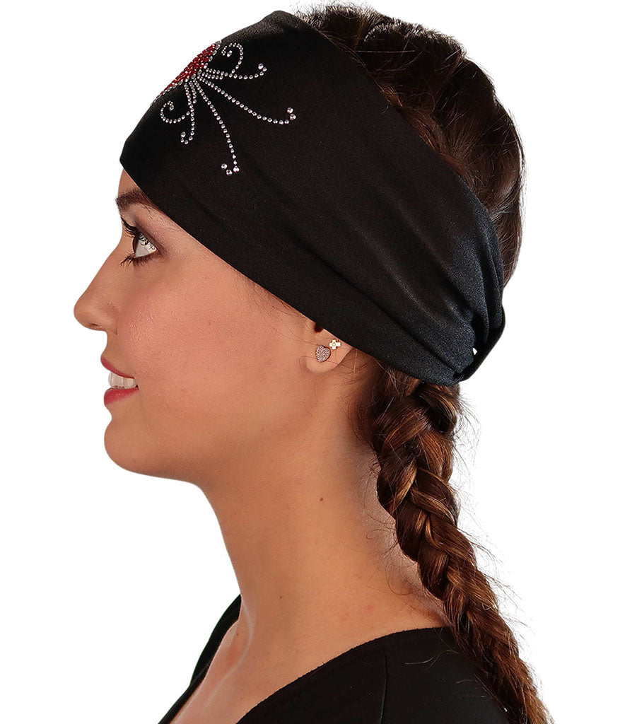 Embellished Reversible Stretch Headband – Stylish, Comfortable &amp; USA-Made -  Black Headband with Red Heart &amp; Swirls Rhinestud Design - Stretch Headbands - Sparkling EARTH