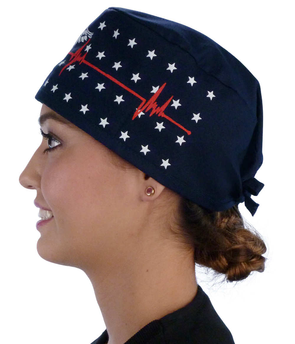 Side Facing View of a woman Wearing a Classic Cotton Surgical Scrub Cap - Patriotic Caduceus Pattern on Navy.