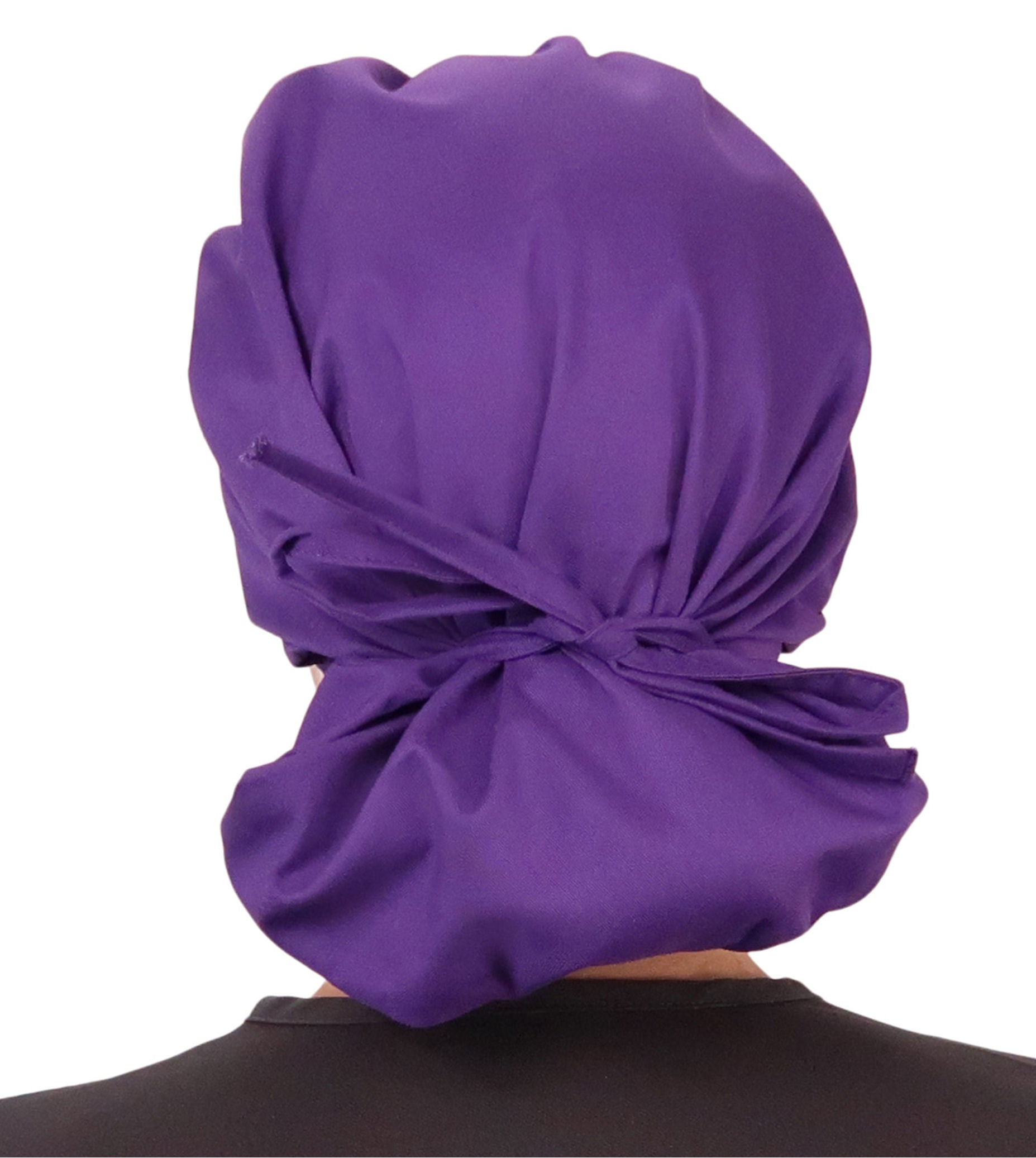 Back Facing Tied View of a Woman Wearing a Tied Back Banded Bouffant Ponytail Surgical Scrub Cap - Solid Purple Fabric