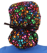 Big Hair Ponytail Surgical Scrub Cap - Perfect Scrub Cap for Long Hair - Multi Color Dots with Black Ties