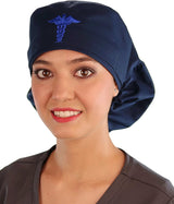 Embellished Big Hair Surgical Cap - Navy Big Hair with Blue Caduceus Patch