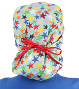 Big Hair Surgical Scrub Cap - Multi Color Stars with Red Ties