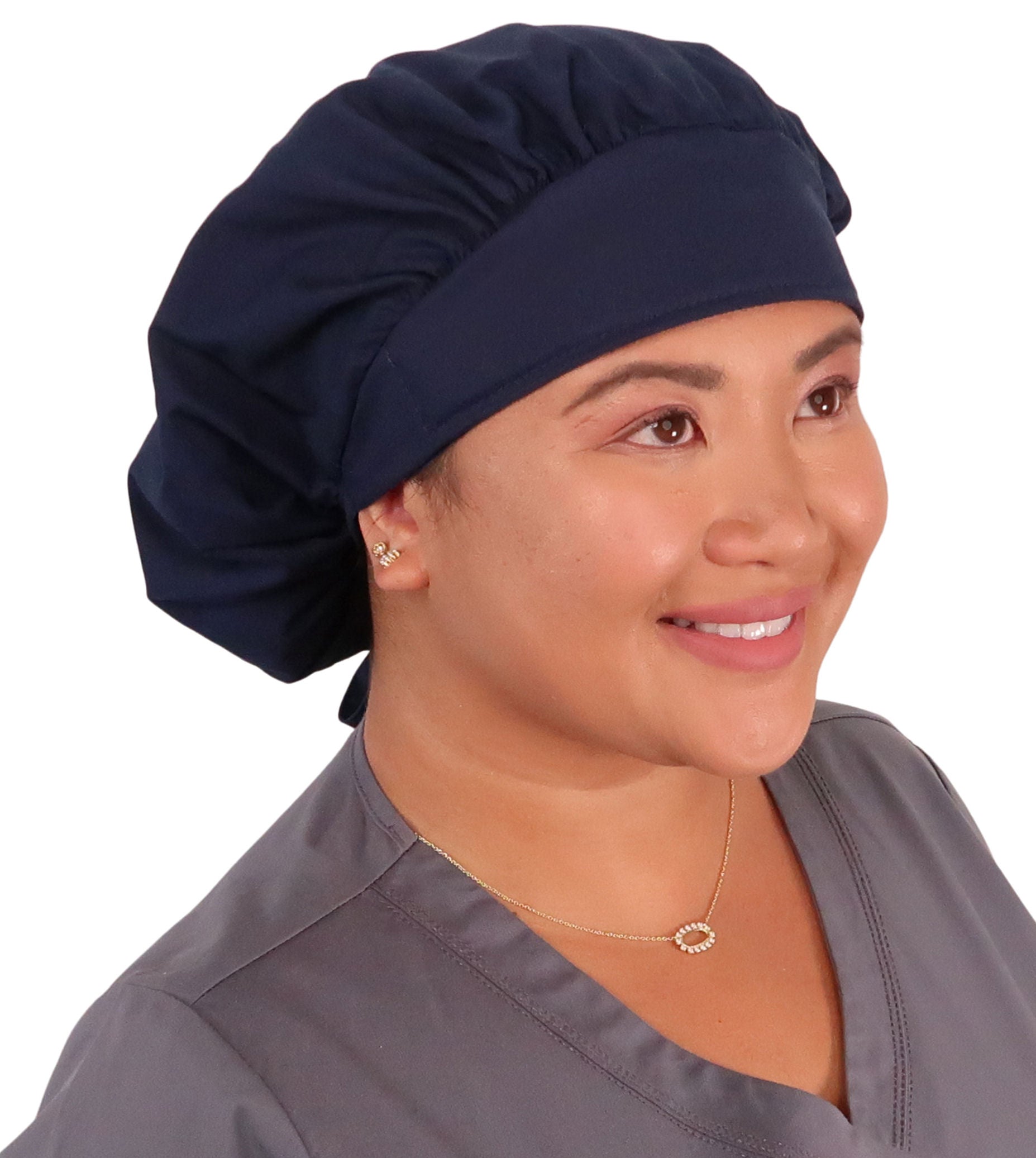 Front Facing Untied View of a Woman Wearing a Tied Back Banded Bouffant Ponytail Surgical Scrub Cap - Solid Navy Fabric