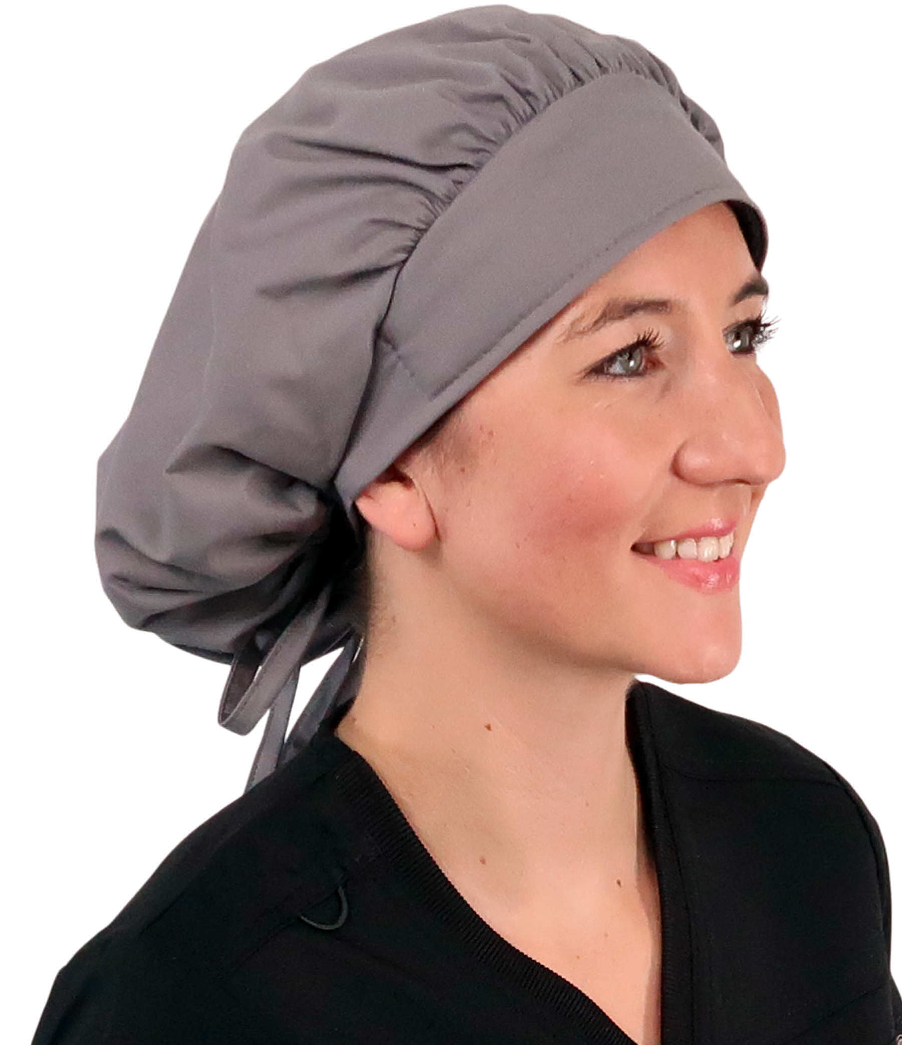 Front Facing Untied View of a Woman Wearing a Tied Back Banded Bouffant Ponytail Surgical Scrub Cap - Solid Grey Fabric