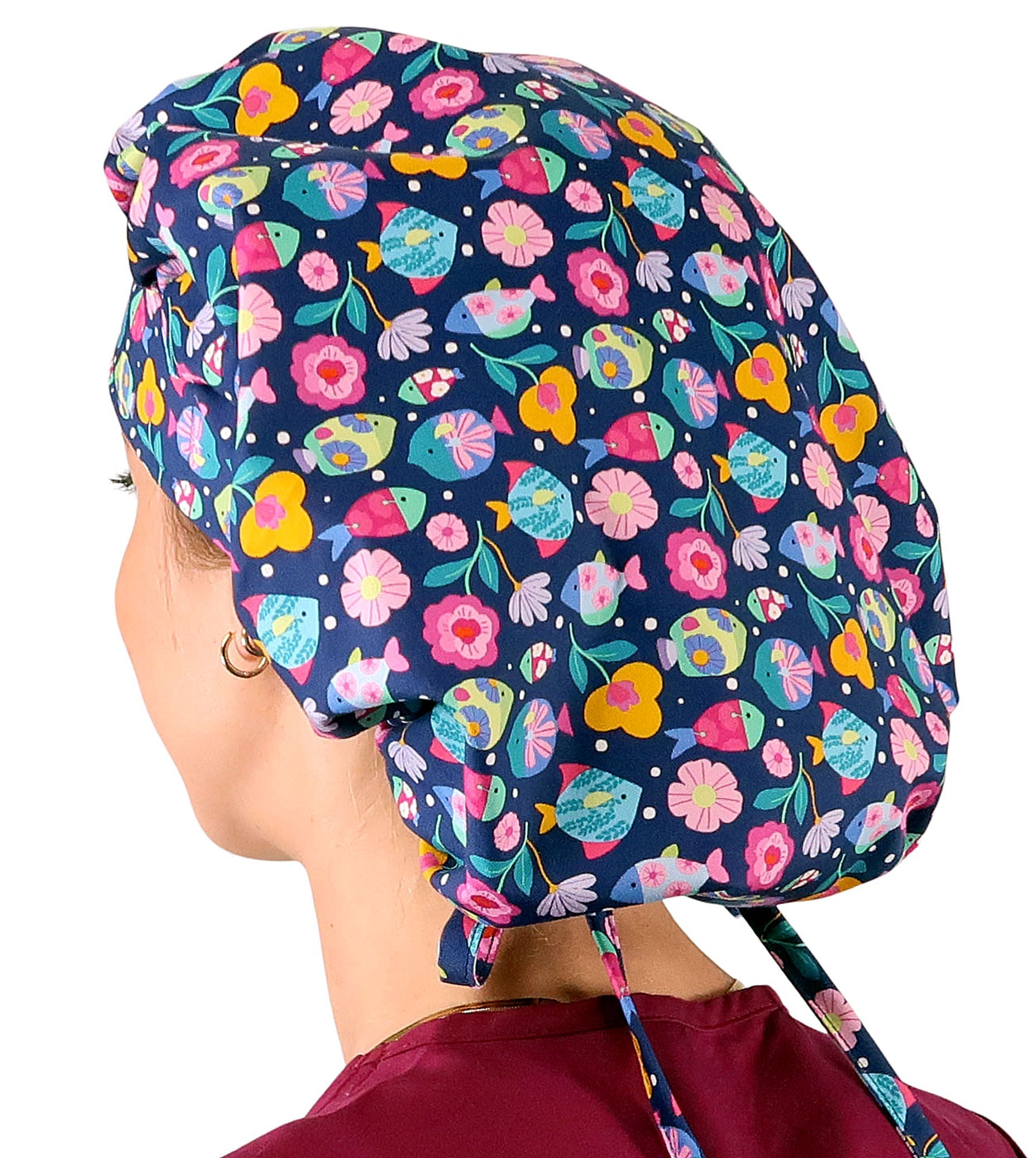 Stylish American Made Banded Bouffant Ponytail Scrub Cap - Fabulous Fishies Banded Bouffant Surgical Scrub Caps