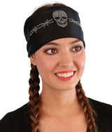 Embellished Stretch Headband - Black Headband with Skull Barbed Wire Rhinestud/Stone Design