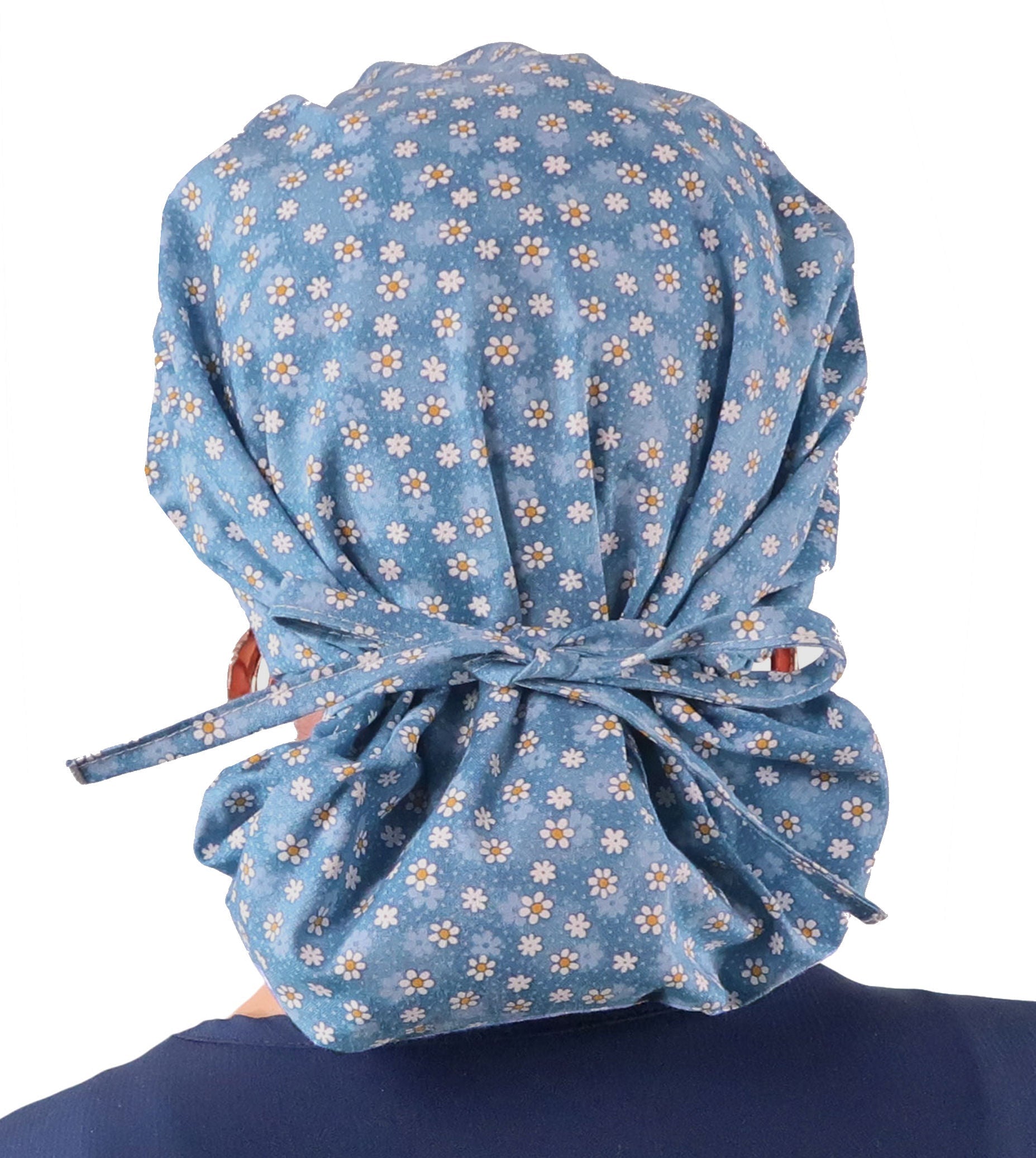 Stylish American Made Banded Bouffant Ponytail Scrub Cap - Dainty Daisies Banded Bouffant Surgical Scrub Caps