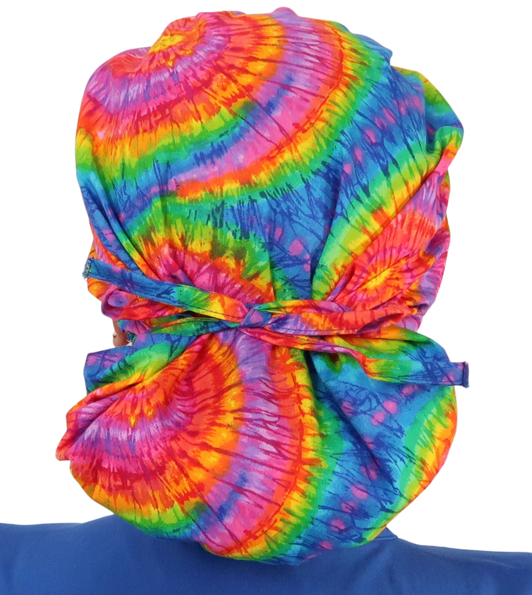Back Facing Tied View of a Woman Wearing a Tied Back Banded Bouffant Ponytail Surgical Scrub Cap - Tie Dye Patterned Fabric