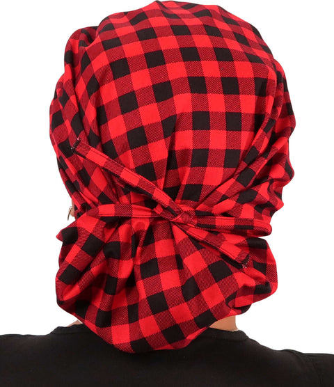 Banded Bouffant Surgical Scrub Cap - Black & Red Buffalo Checks