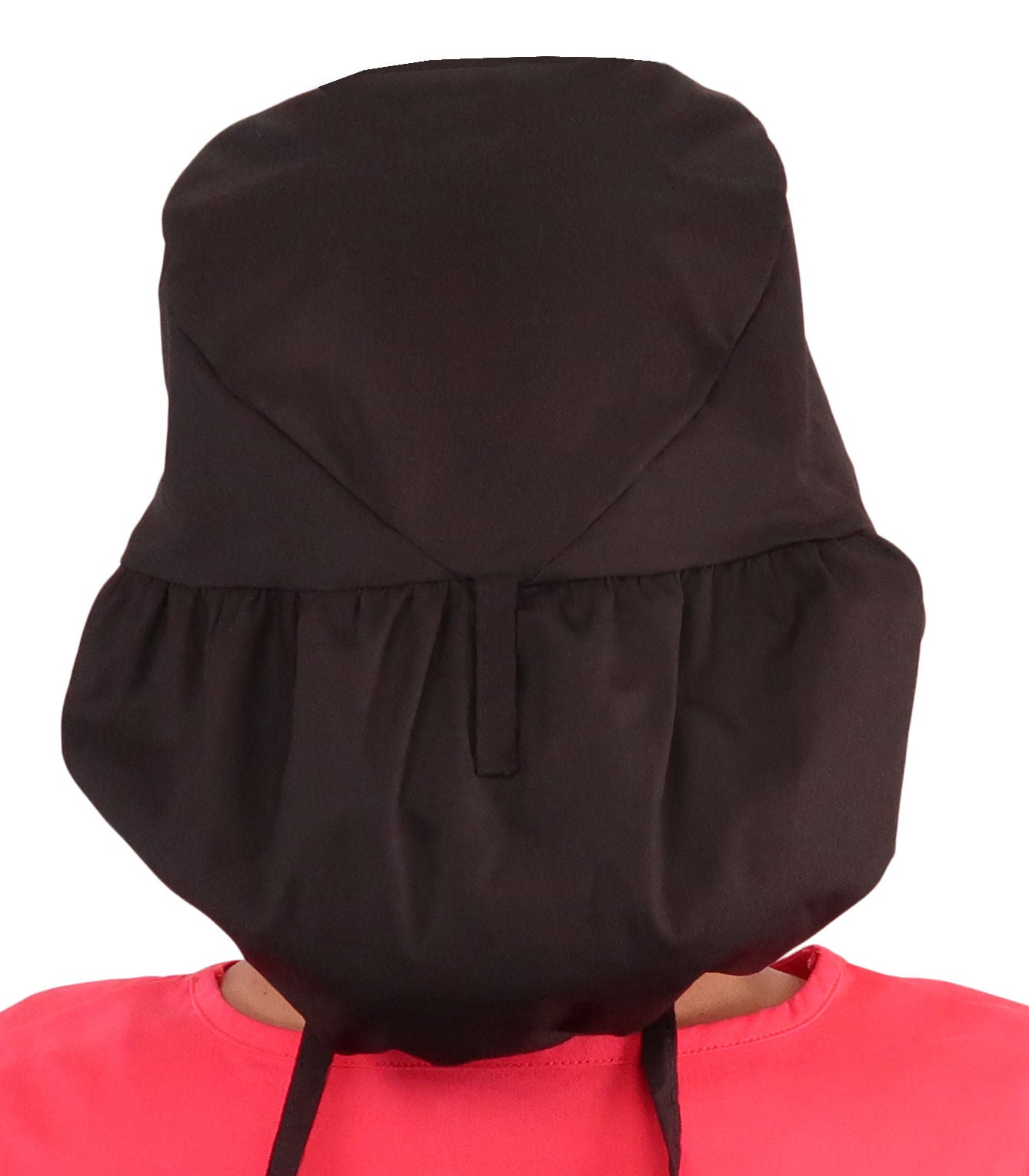 Back untied facing image of a woman in scrubs wearing a Black Big Hair Ponytail Scrub Cap and black ties to hold the scrub cap in place.