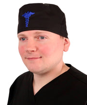 Embellished Surgical Scrub Cap - Black Cap with Blue Caduceus Patch