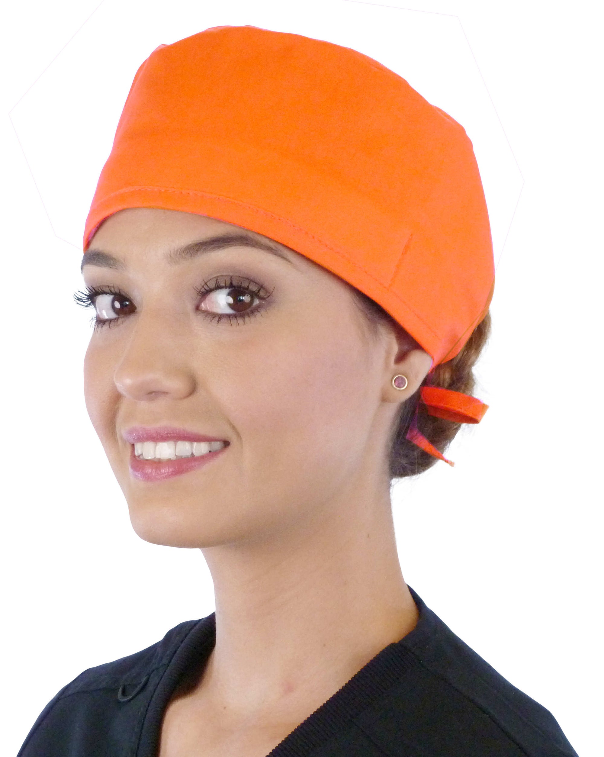 Front Facing View of a Woman Wearing a Classic Cotton Surgical Scrub Cap - Solid Orange Scrub Cap