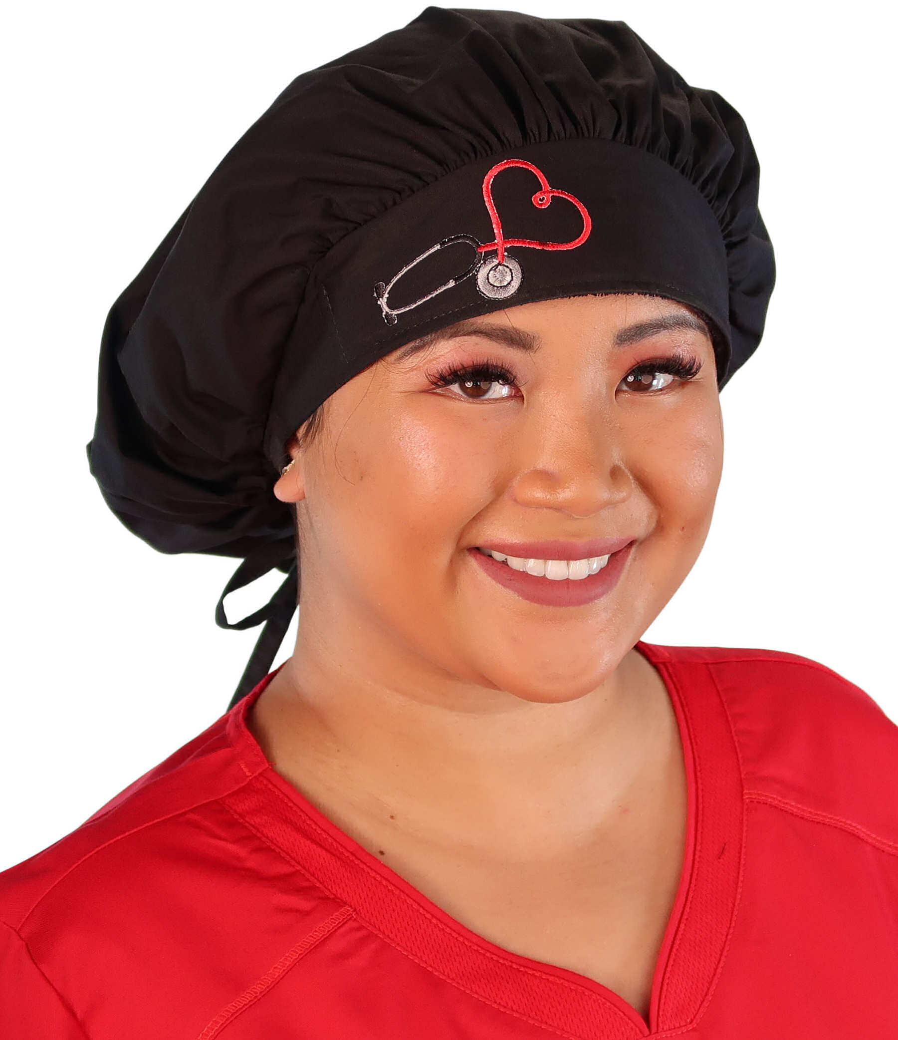 Front Facing Untied View of a Woman Wearing a Banded Bouffant Ponytail Surgical Scrub Cap - Heart Stethoscope Patch on Black Fabric 