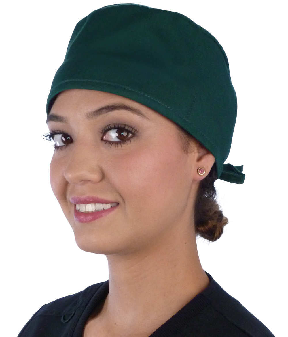 Front Facing View of a Woman Wearing a Classic Cotton Surgical Scrub Cap - Hunter Green Scrub Cap