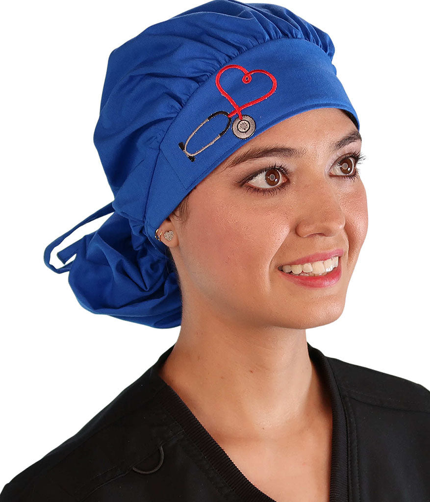 Embellished Banded Bouffant Ponytail Scrub Cap - American Made - Royal Blue Banded Bouffant with Heart Stethoscope