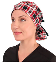 Banded Bouffant Surgical Scrub Cap - Sassy Classy Plaid with Black Ties