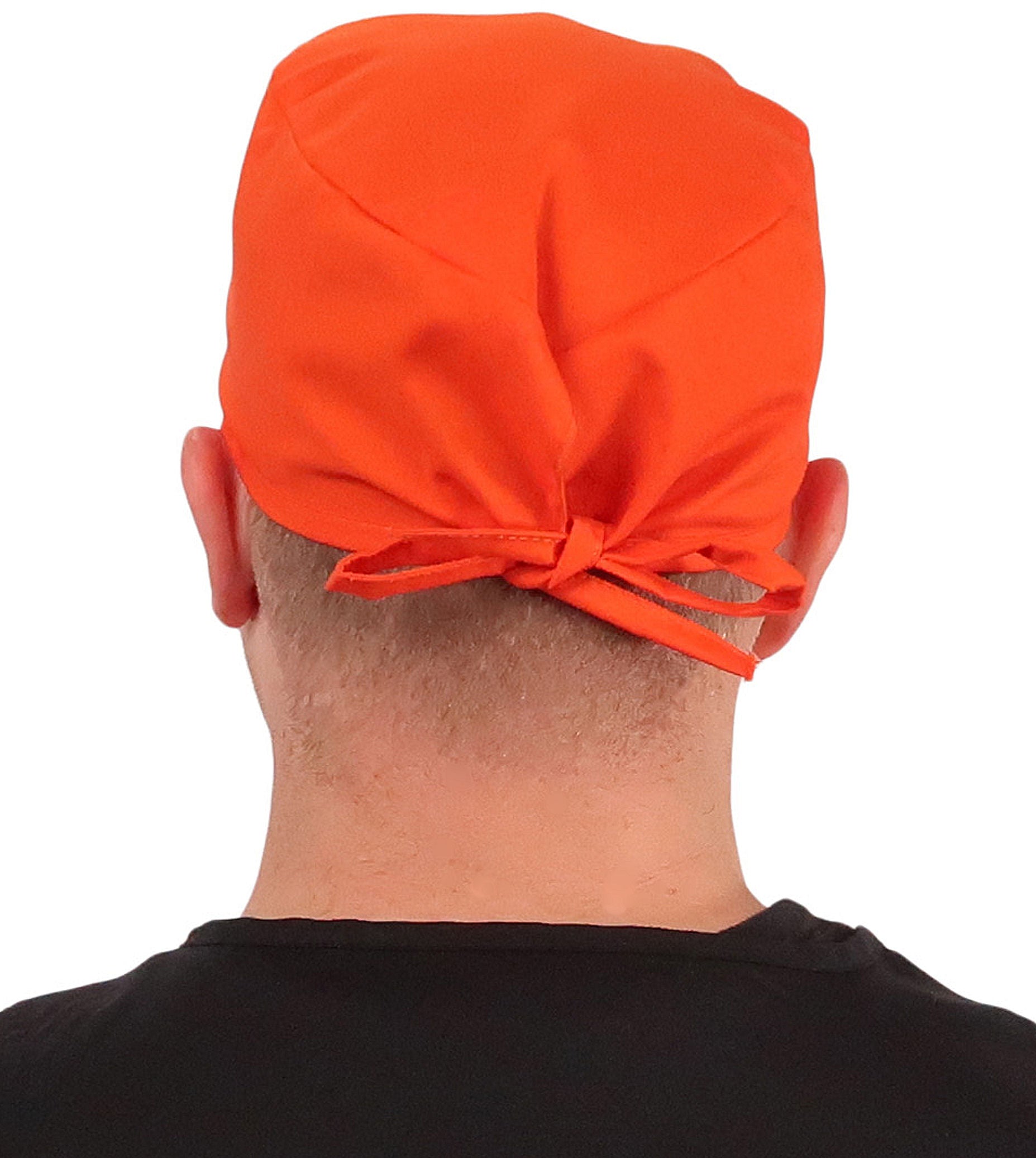 Back Facing View of a Man Wearing a Classic Cotton Surgical Scrub Cap - Blaze Orange Fabric.