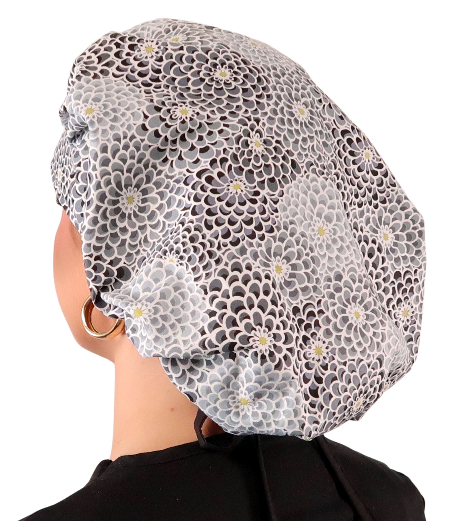 Stylish American Made Banded Bouffant Ponytail Scrub Cap - Dazzling Dahlias Black & Grey with Black Ties Banded