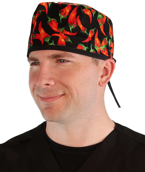 Classic Cotton Surgical Scrub Cap - American-Made with Sweatband - Mixed Chili Peppers on Black w/Black Ties