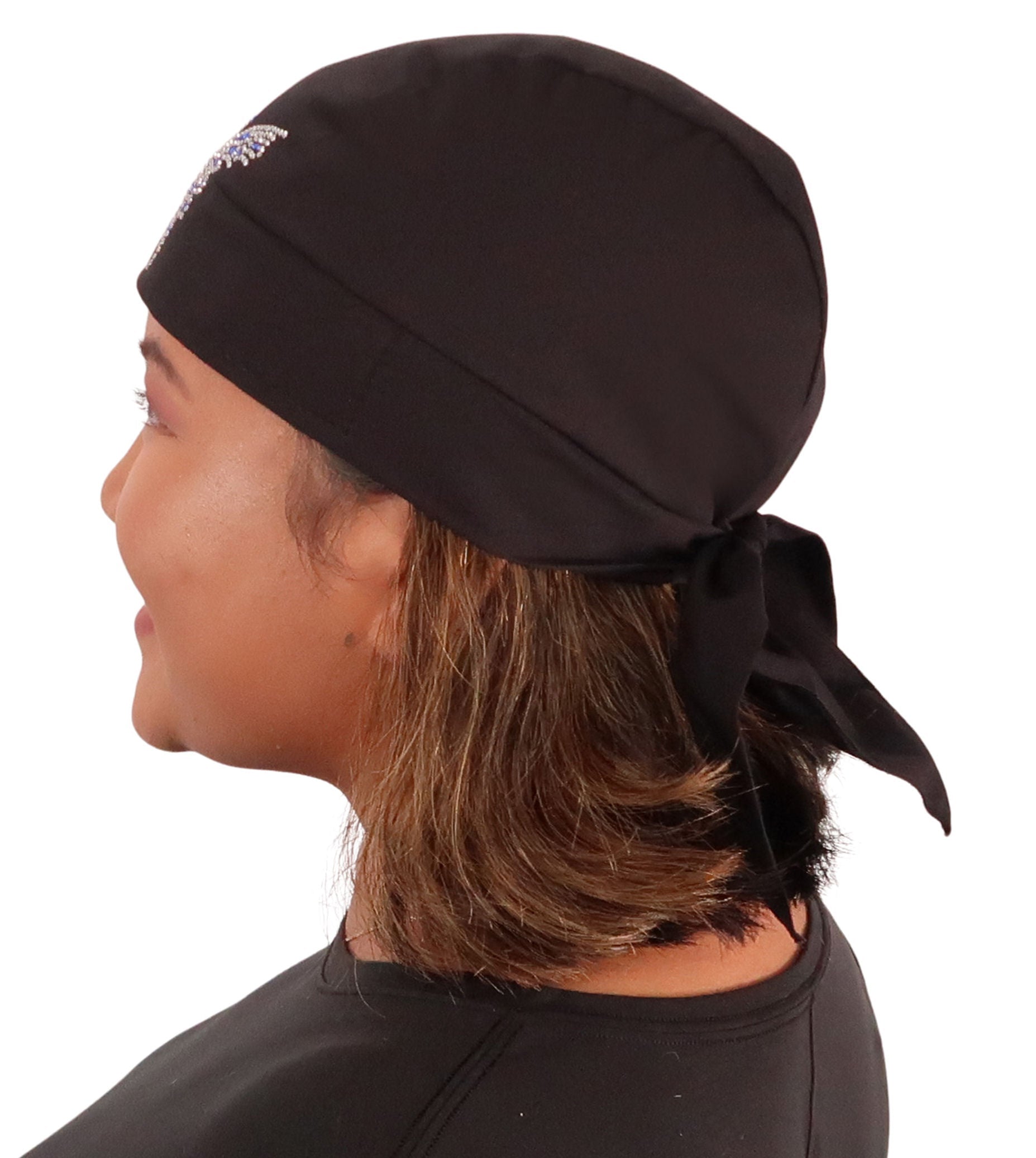 Embellished Skull Caps: Stylish and Unique Headwear - Large Blue & Silver Butterfly Rhinestud/Stone Design on Black