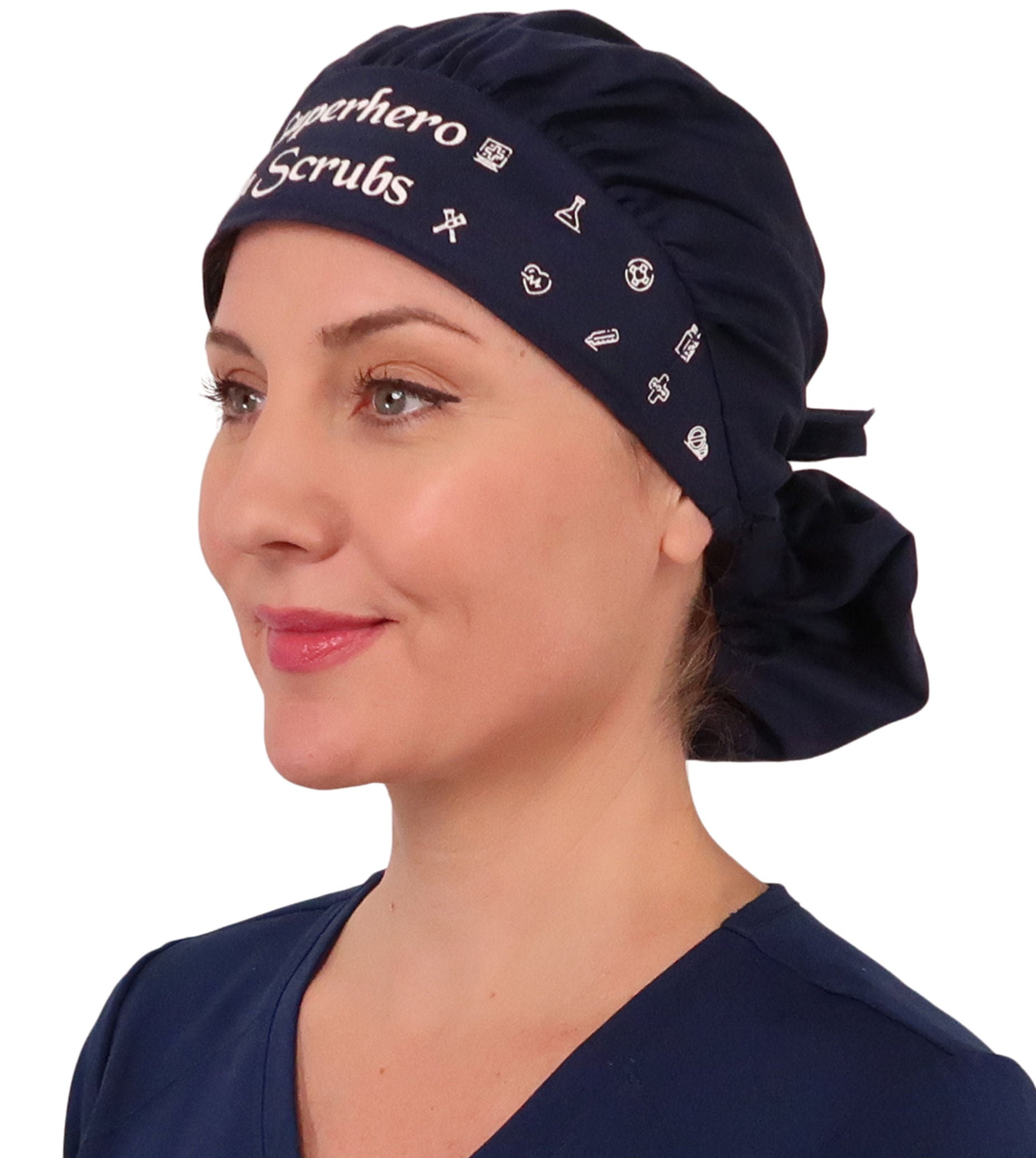 Front Facing Tied View of a Woman Wearing a Banded Bouffant Ponytail Surgical Scrub Cap - Superhero in Scrubs on Navy Fabric 