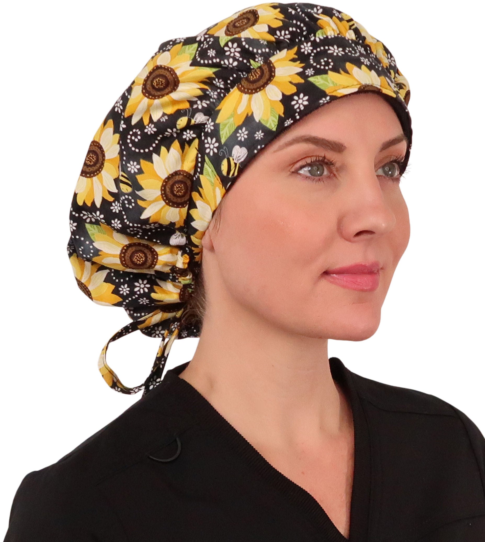 Front Facing Untied View of a Woman Wearing a Banded Bouffant Ponytail Surgical Scrub Cap - BEEutiful Sunflowers Patterned Fabric 